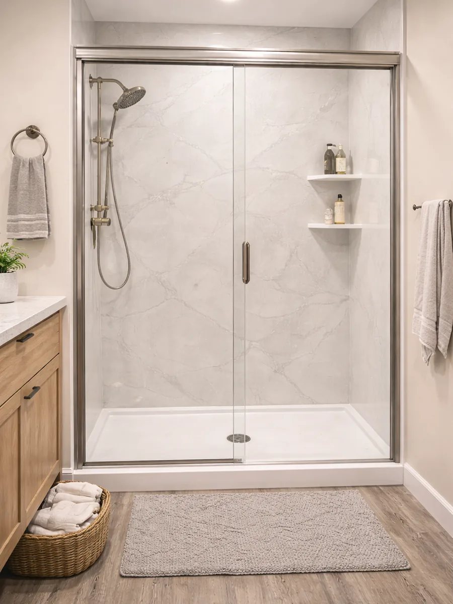 Corner shower with updated glass