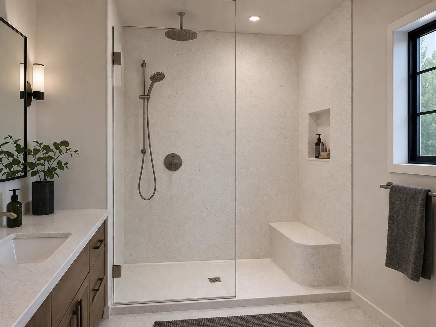Modern walk-in shower with glass enclosure