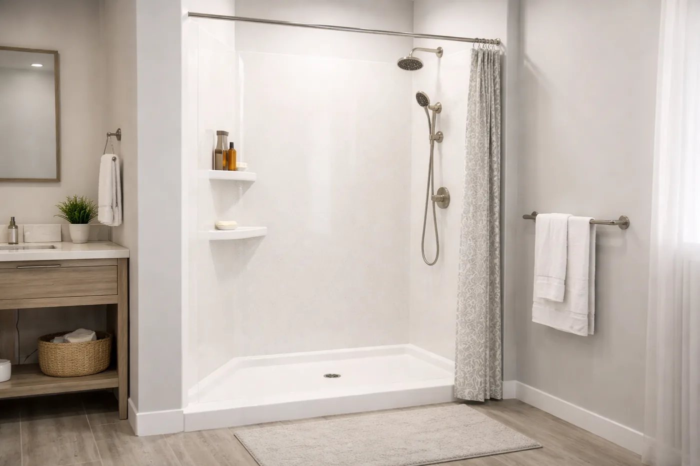 Seamless shower wall system with a bright low-maintenance finish