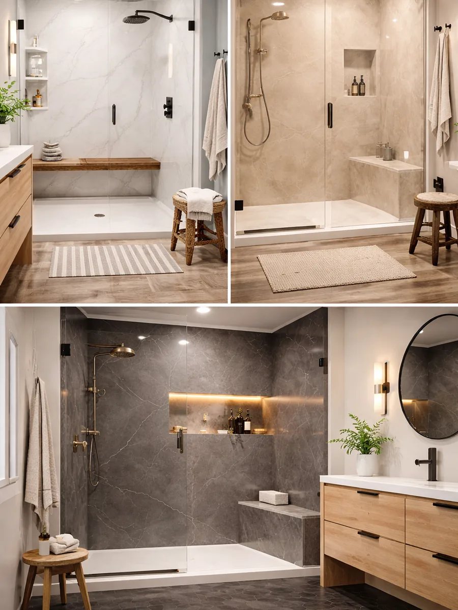 Tile-look acrylic shower without busy grout lines